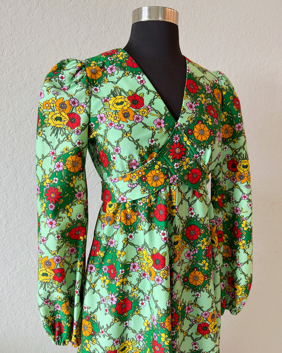 Vintage 70's Green Floral Maxi Dress  Heartbreak Vintage