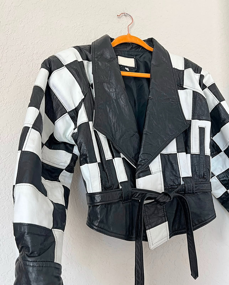Vintage 80's Black & White Belted Checkered Genuine Leather